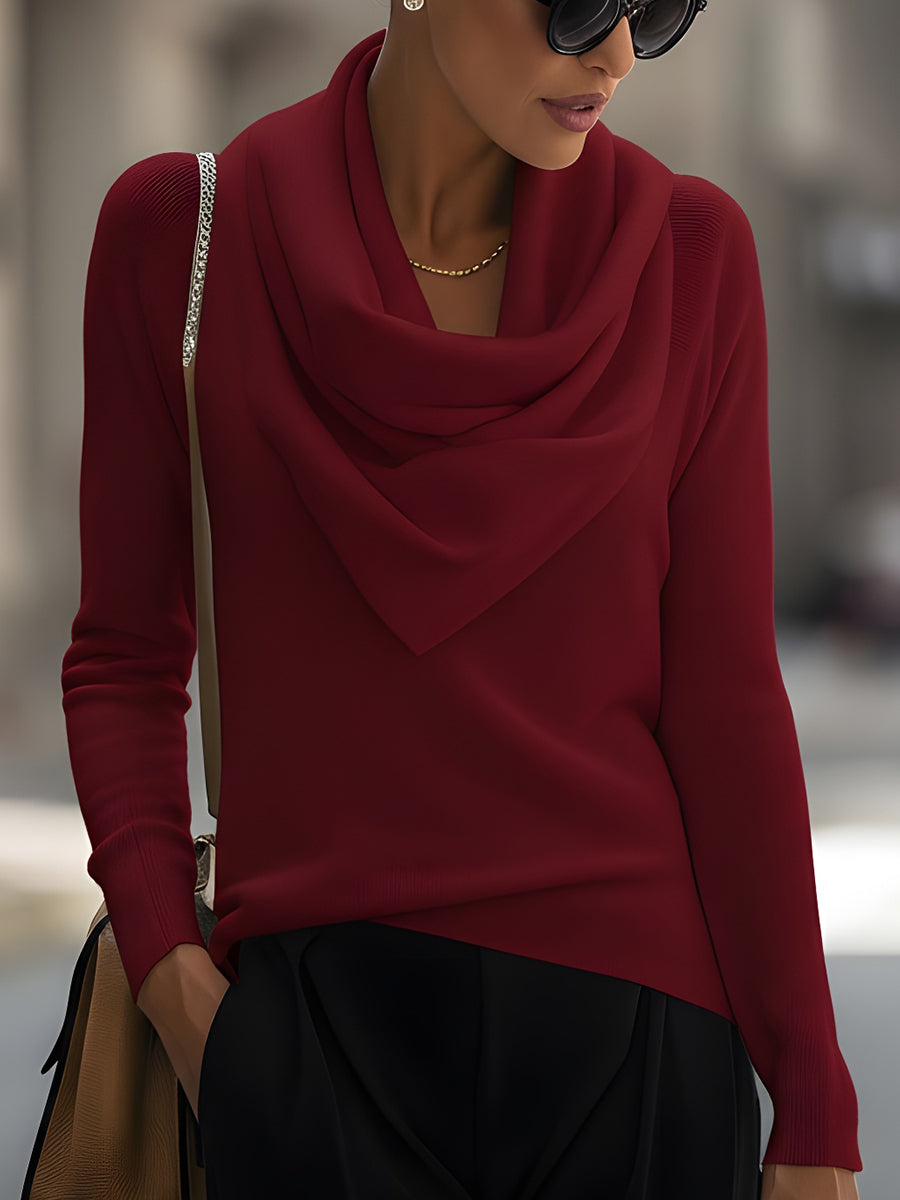 Ivory draped cowl neck long-sleeve top with smooth flattering fit and elegant flowing silhouette