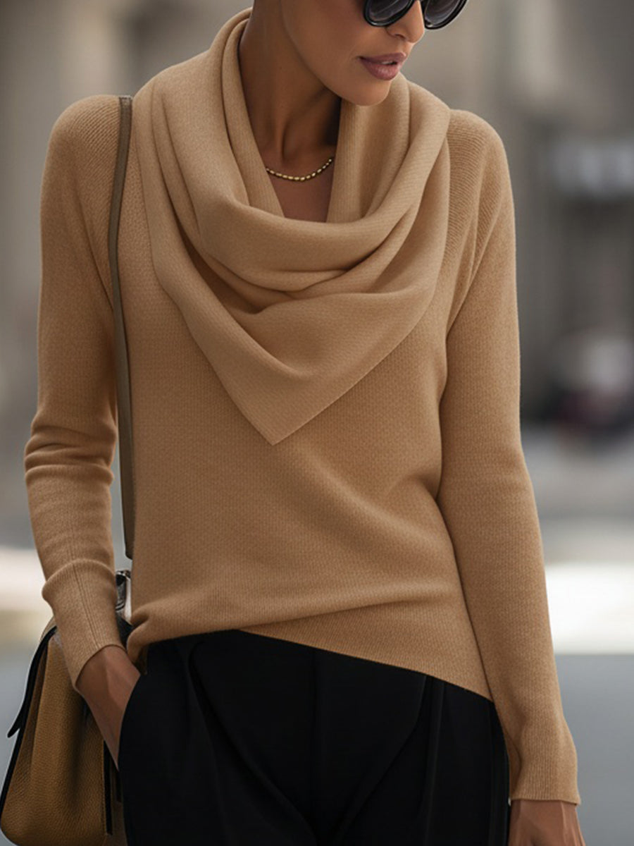 Ivory draped cowl neck long-sleeve top with soft folded neckline for a flattering silhouette