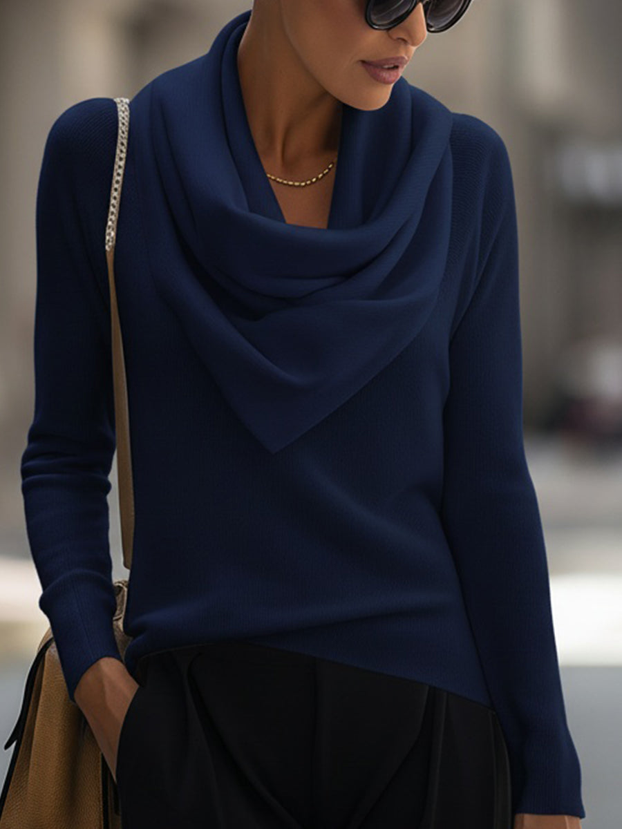 Ella draped cowl neck long-sleeve top in soft neutral, elegant silhouette with flattering smooth fit