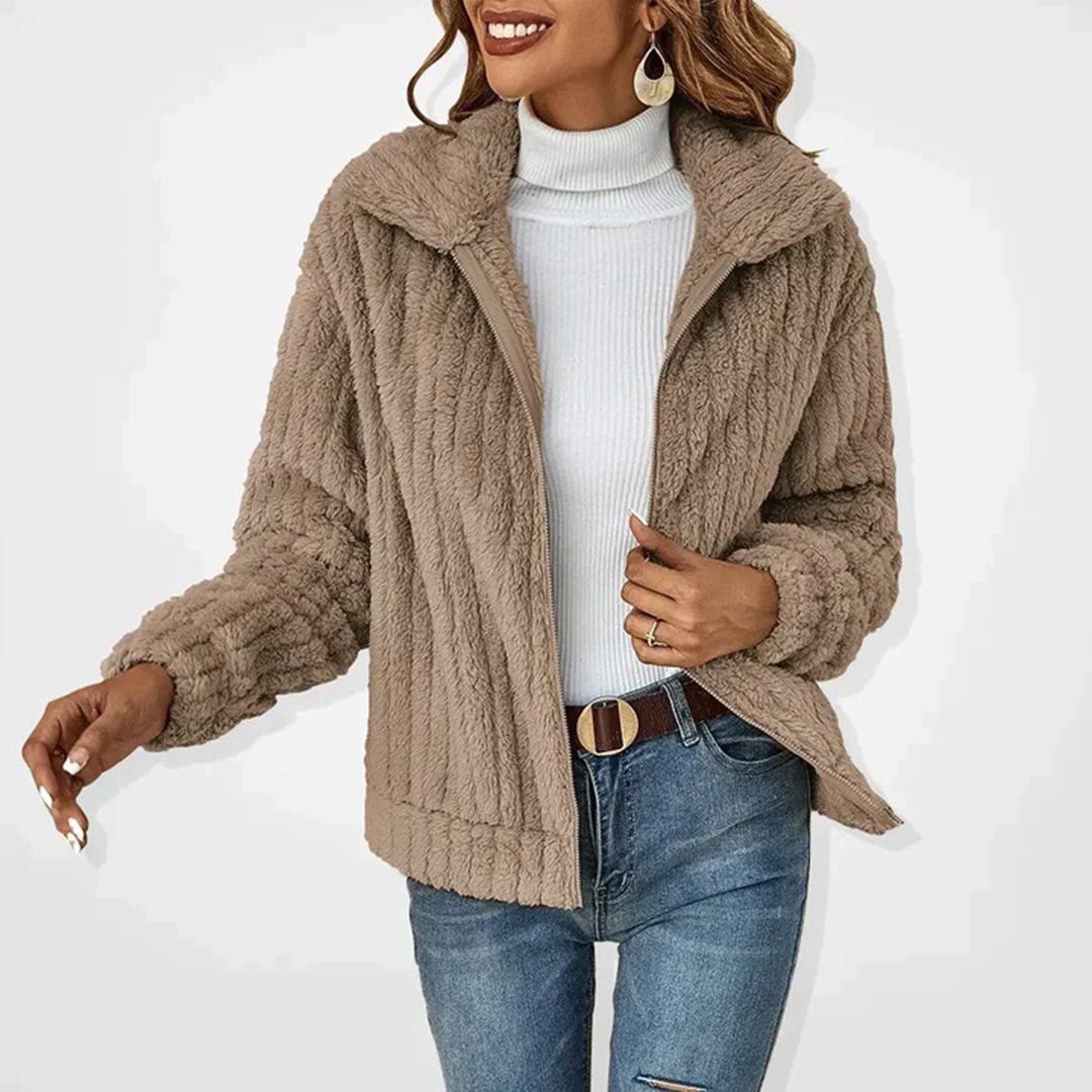 Naomi women's fuzzy zip jacket in plush faux fur fleece with hip-length relaxed fit