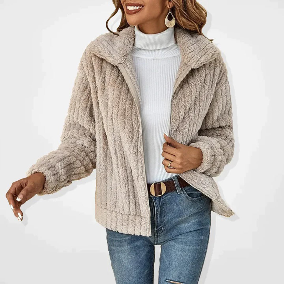 Cozy white fuzzy zip jacket with plush faux fur fleece, hip-length relaxed fit for fall and winter