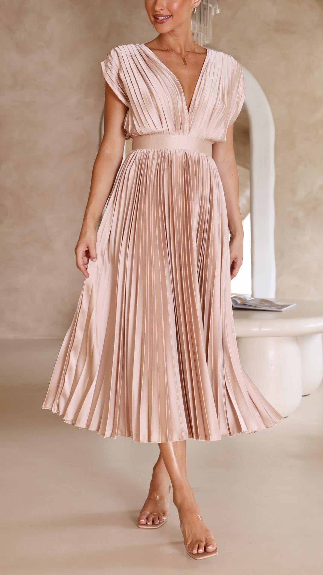 Elegant pleated maxi dress in flowing silhouette, Maria™ style with subtle luxury draping