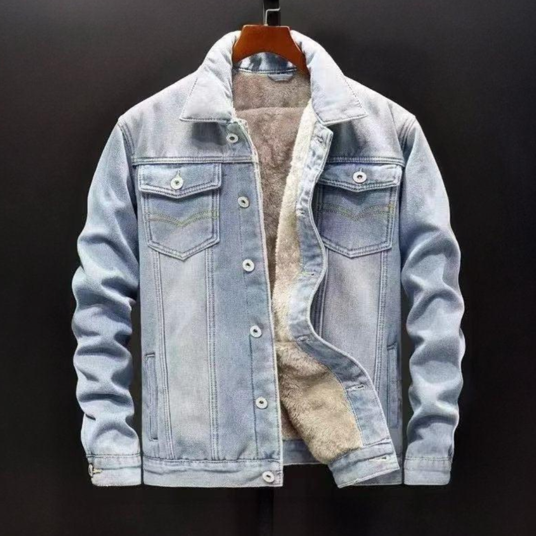 Men's blue fleece-lined denim jacket with rugged heavyweight construction and warm brushed interior