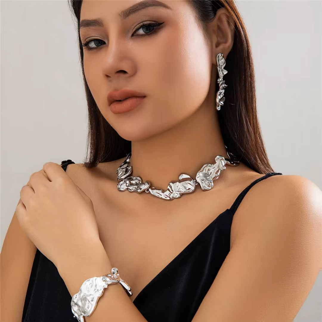 Molten Elegance abstract jewelry set gold silver organic-shaped links lightweight statement piece