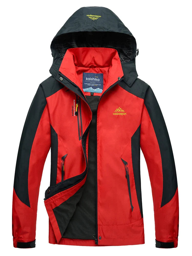 Women's waterproof rain jacket relaxed fit with adjustable hood and zipper pockets for all-day protection