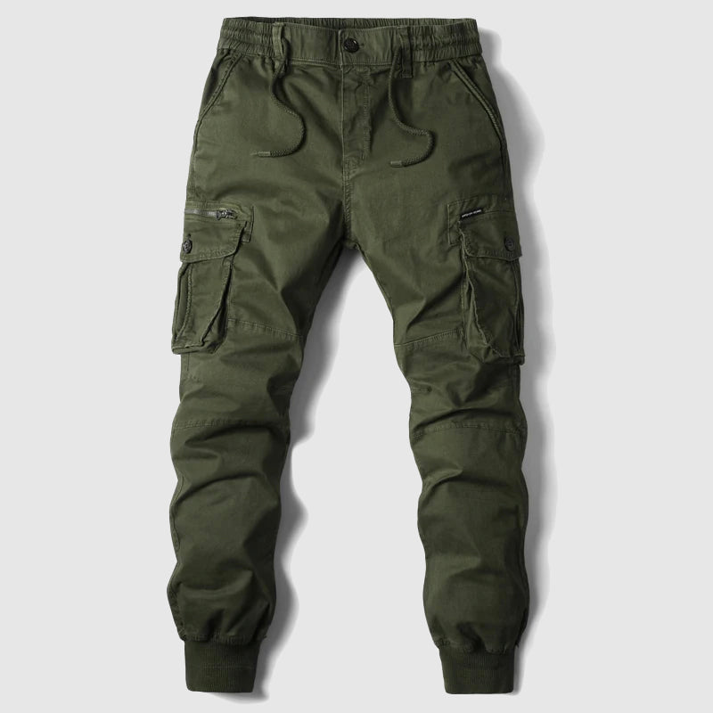 Slim-fit tactical cargo pants in cotton with elastic ankle band and multiple pockets