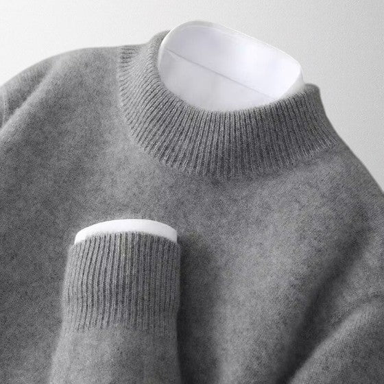 Tahlia ivory cashmere pullover, relaxed crew neck knit with extended ribbed hem edges