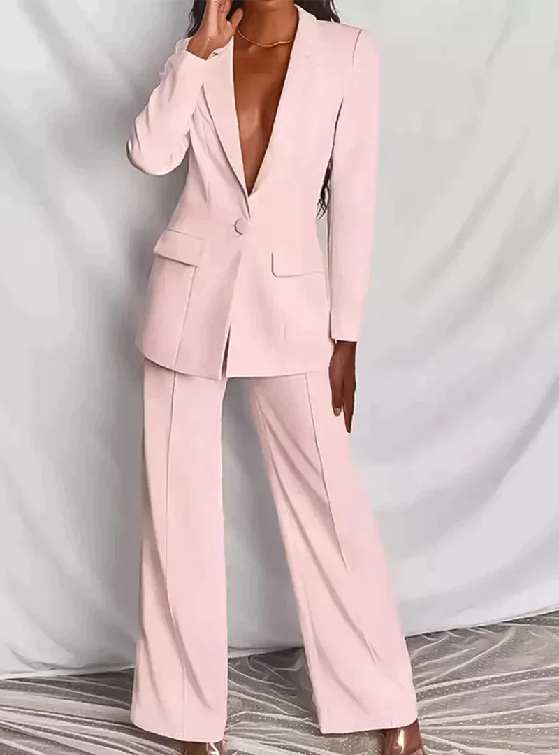 Women's tailored blazer and wide-leg pants two-piece set, elegant high-waist fit in neutral tone