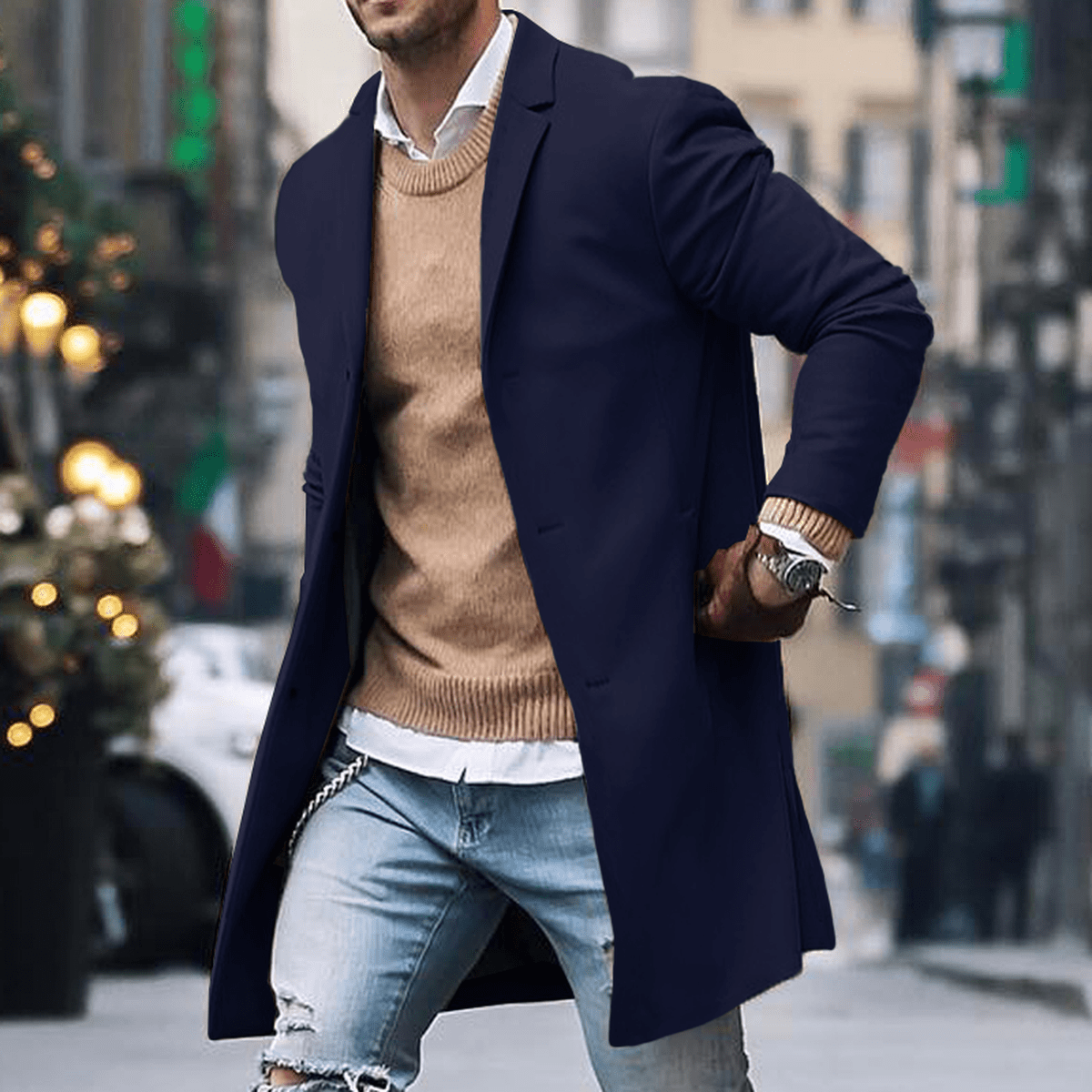 Men's long tailored street style coat by Wavlynn, sleek urban silhouette with modern classic cut
