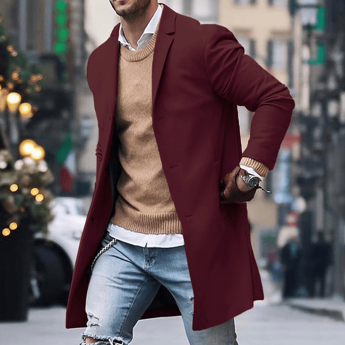 Men's long tailored street style coat by Wavlynn, classic silhouette with sleek contemporary urban cut