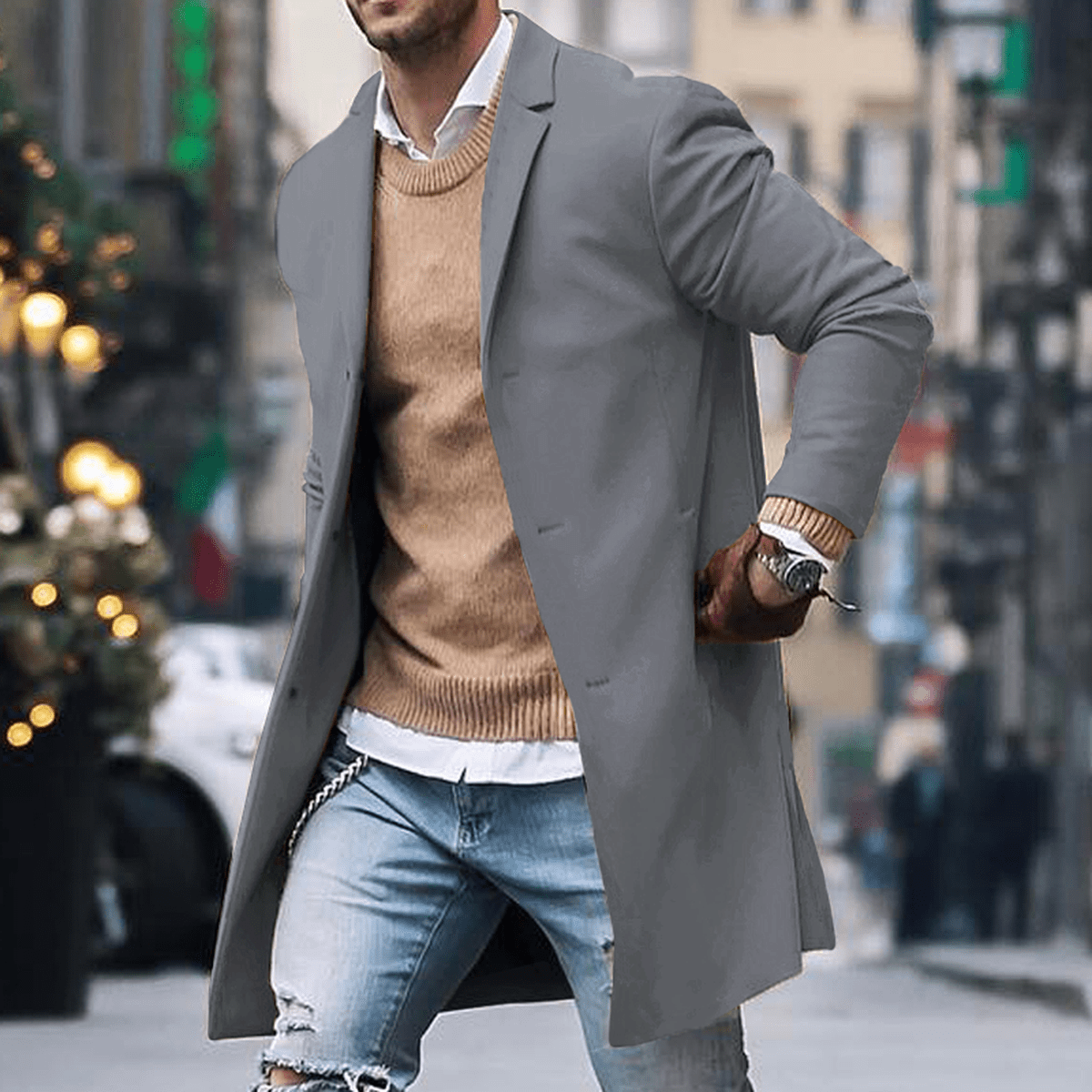 Men's long tailored street style coat by Wavlynn, classic silhouette with sleek contemporary urban cut