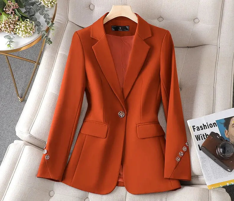Women's tailored blazer in classic cut with single-button closure for a sleek, polished silhouette