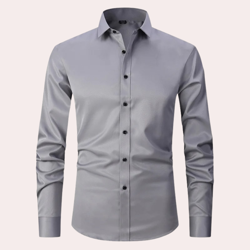 Burgundy slim fit long sleeve dress shirt with classic collar, tailored for formal occasions
