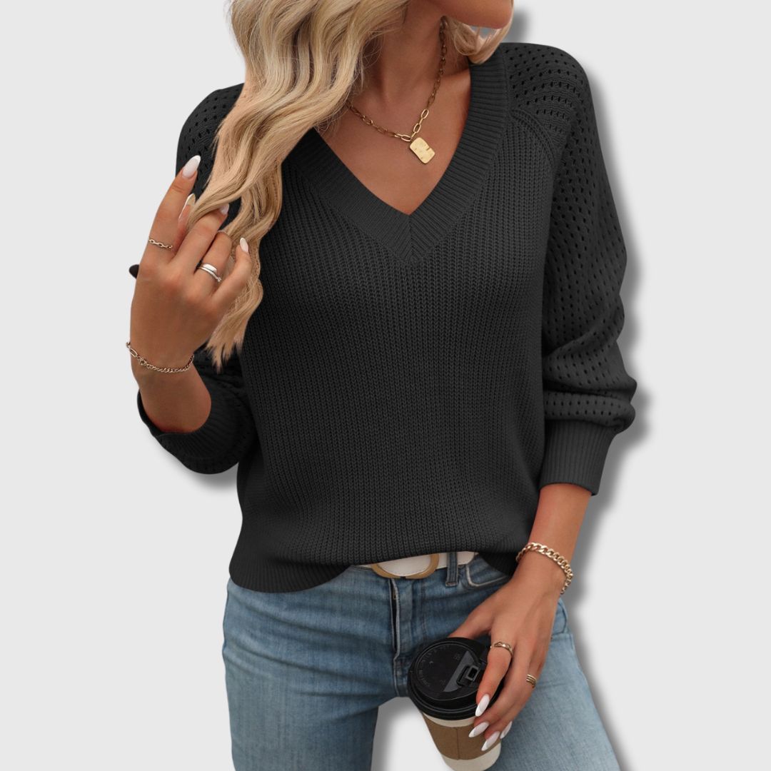 Elegant jade green V-neck sweater with flattering neckline and refined slim silhouette