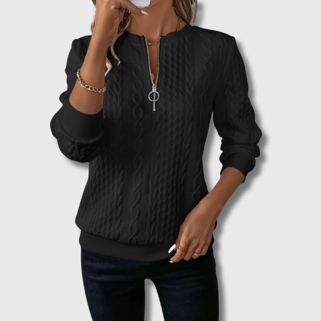 Elegant cream knit sweater with flattering silhouette and soft premium breathable fabric