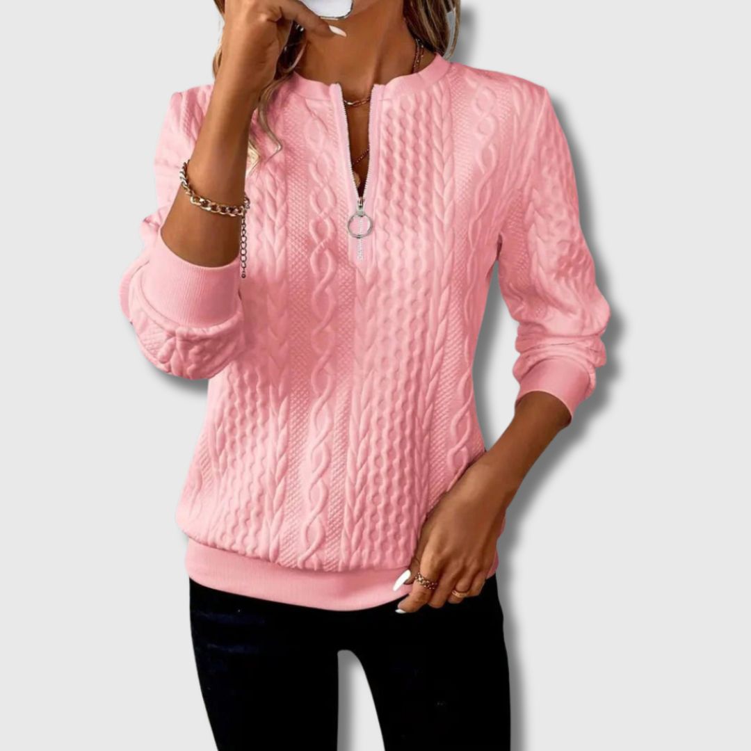 Elegant cream knit sweater with flattering silhouette and soft premium breathable fabric