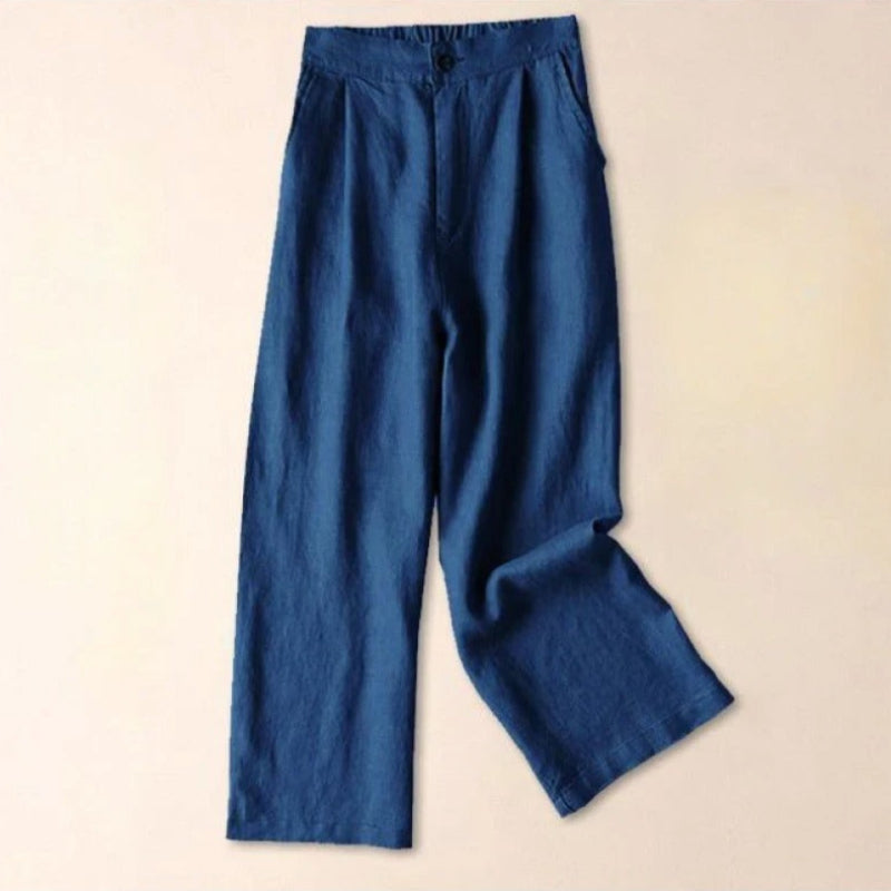 Beige Tencel linen pants relaxed tapered leg button-waist tailored breathable blend