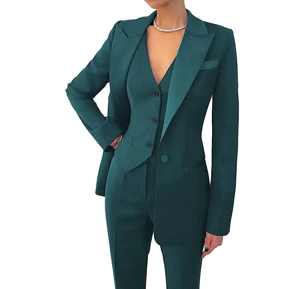 Women's three-piece suit set with elegant blazer, vest, tailored pants, polished all-season style