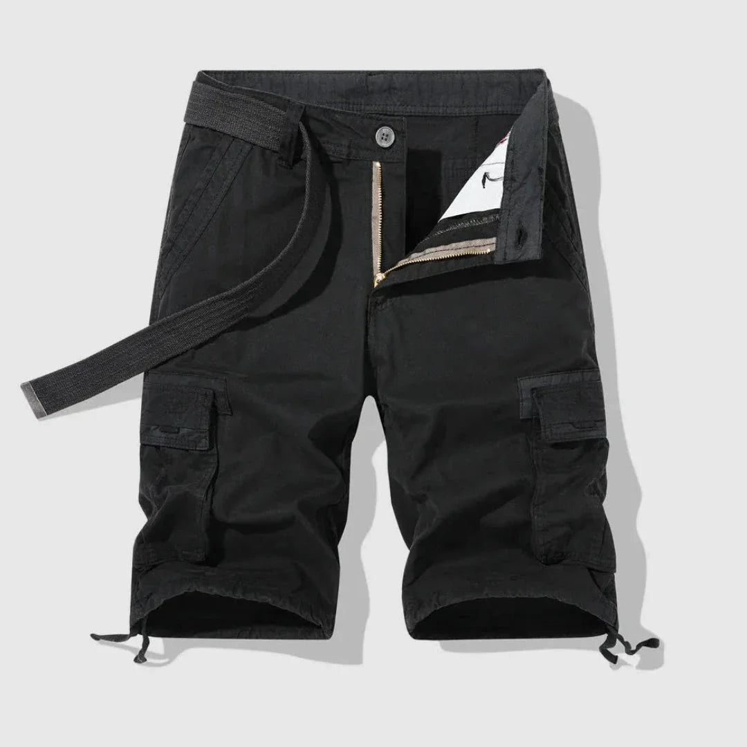 Men's khaki relaxed cargo shorts with multi-pocket utility design and adjustable drawstring hem