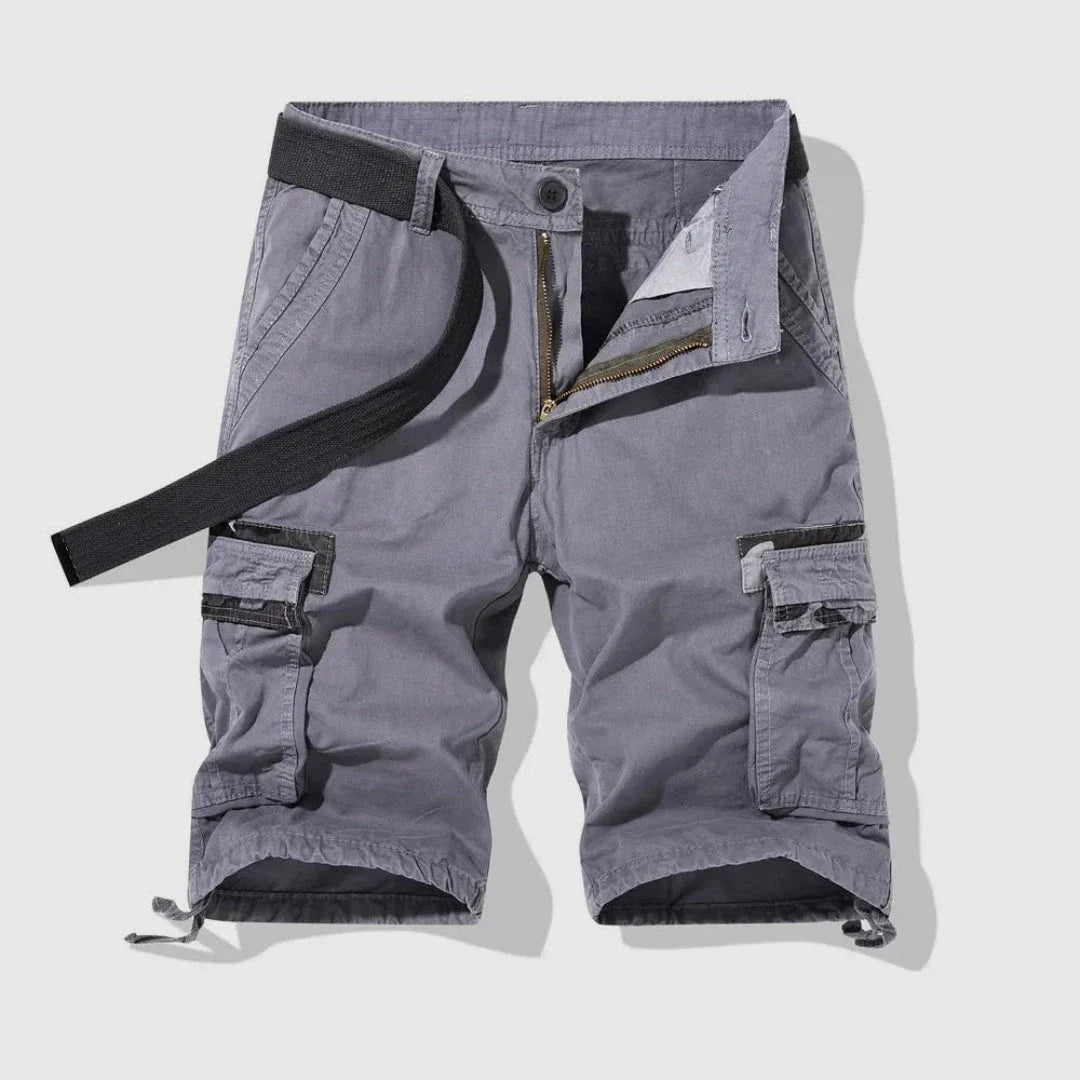 Men's khaki relaxed cargo shorts with multi-pocket utility design and adjustable drawstring hem