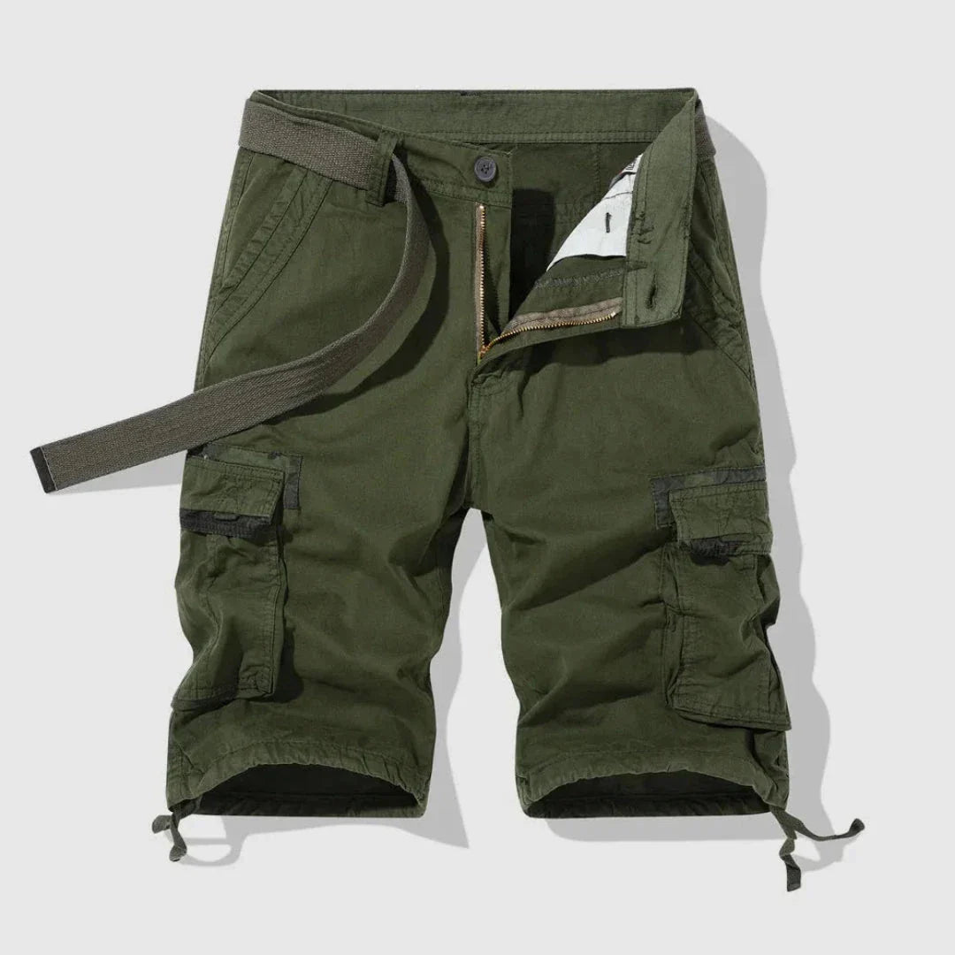 Men's khaki relaxed cargo shorts with multi-pocket design and adjustable drawstring hem