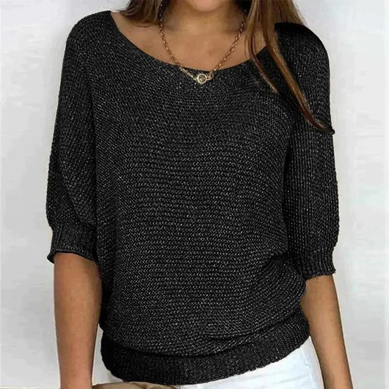 Women's textured knit pullover sweater relaxed fit wide neckline half sleeves cozy layering essential