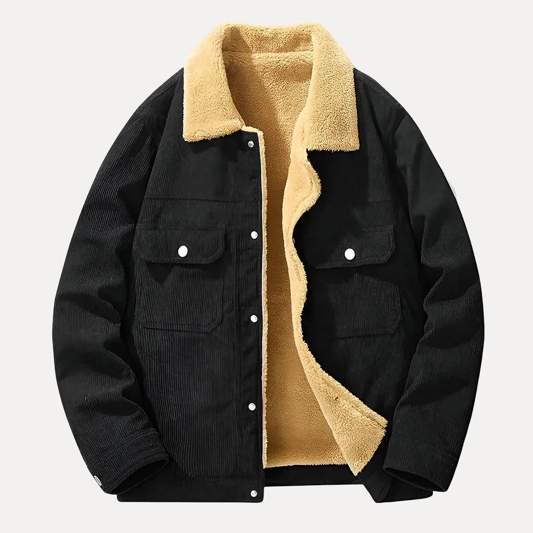 Men's brown corduroy jacket with fleece lining, spread collar, and buttoned cuffs for cold weather