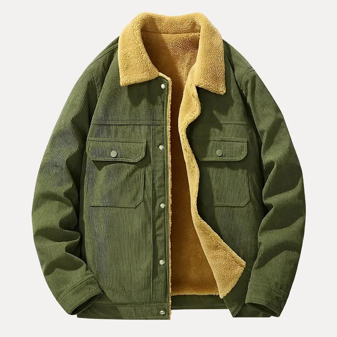 Jackson corduroy jacket with fleece lining, spread collar, buttoned cuffs, and chest pockets for warmth
