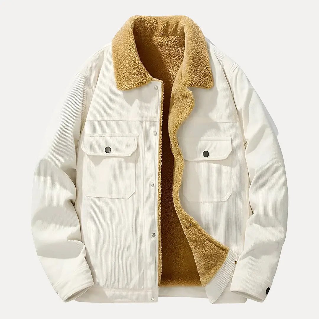 Jackson brown corduroy jacket with fleece lining, spread collar, and buttoned cuffs for timeless warmth