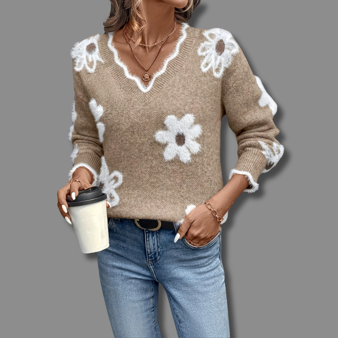 Madeline soft floral sweater with delicate flower accents, feminine flattering fit for casual or layered looks