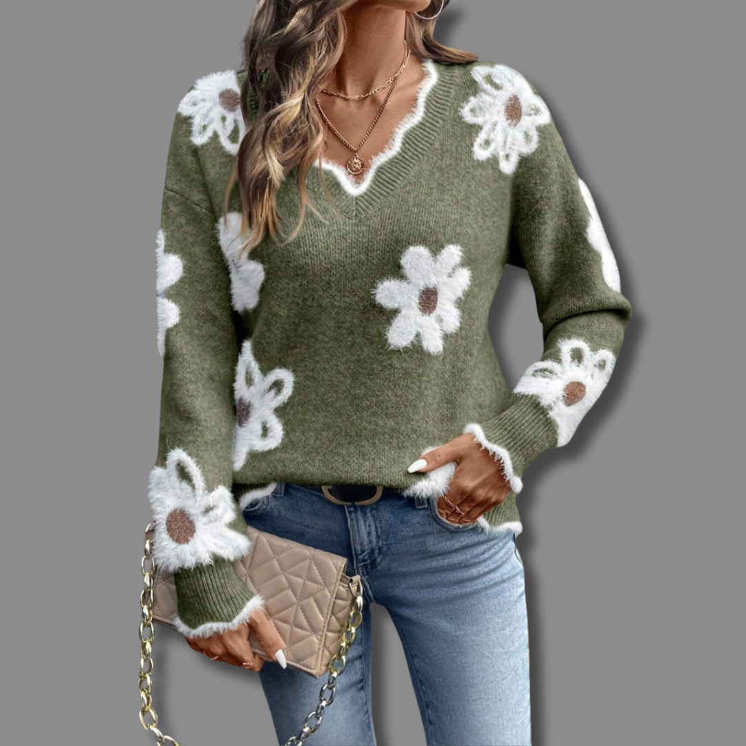 Madeline soft floral knit sweater with delicate flower accents feminine flattering casual style