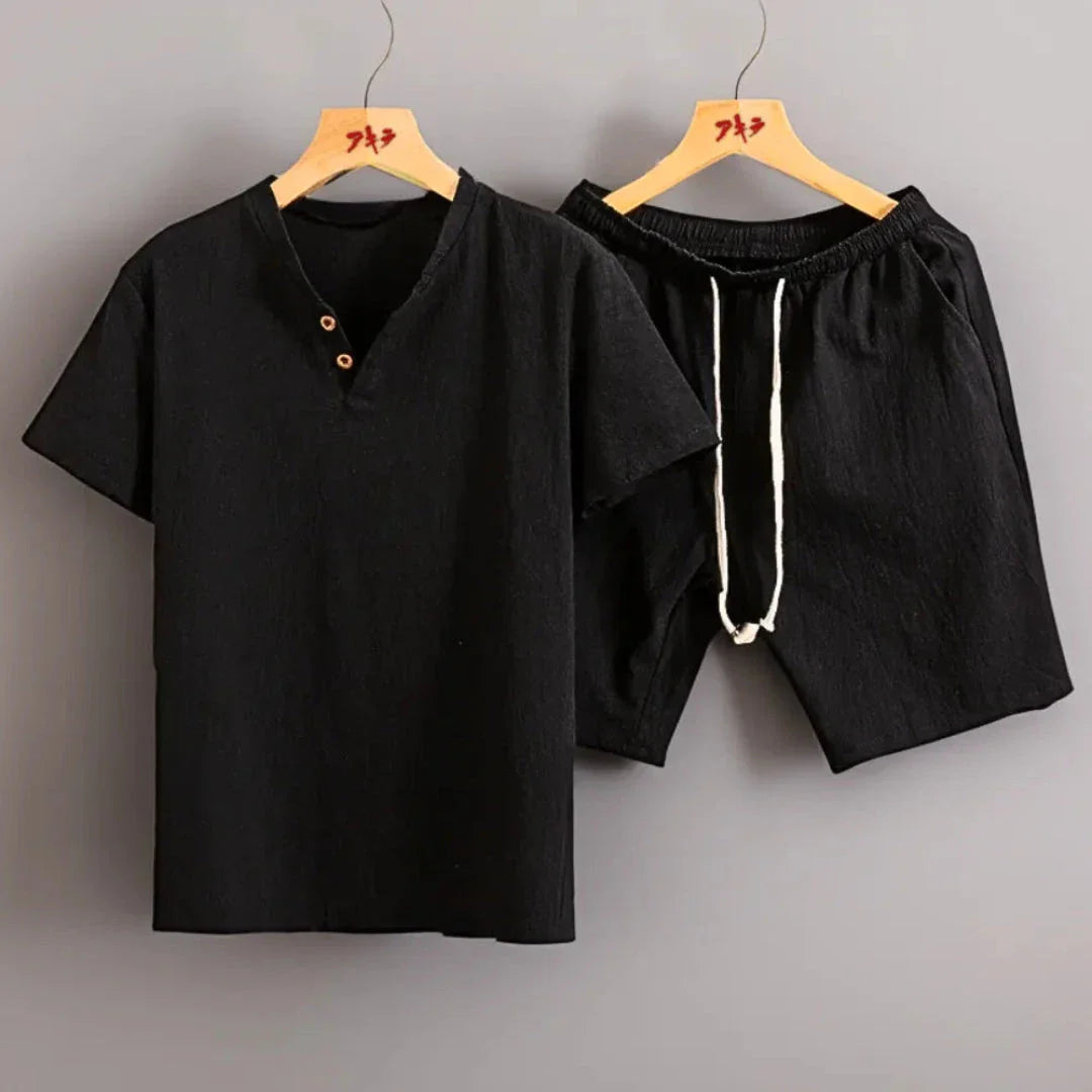 Women's linen-look two-piece set with button-front tee and elastic waist shorts, lightweight casual outfit