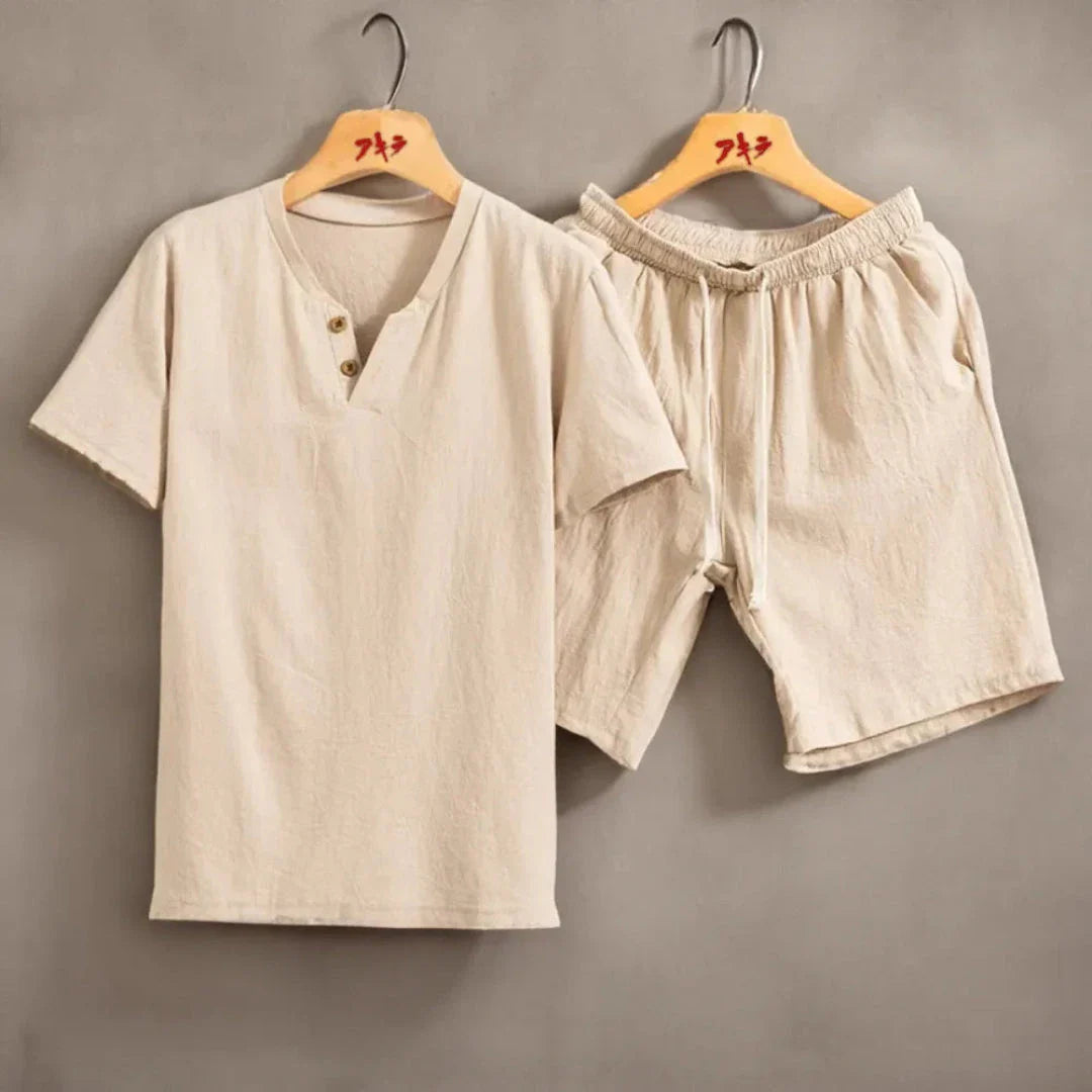 Women's linen-look two-piece set with button-front tee and elastic waist shorts, lightweight casual outfit
