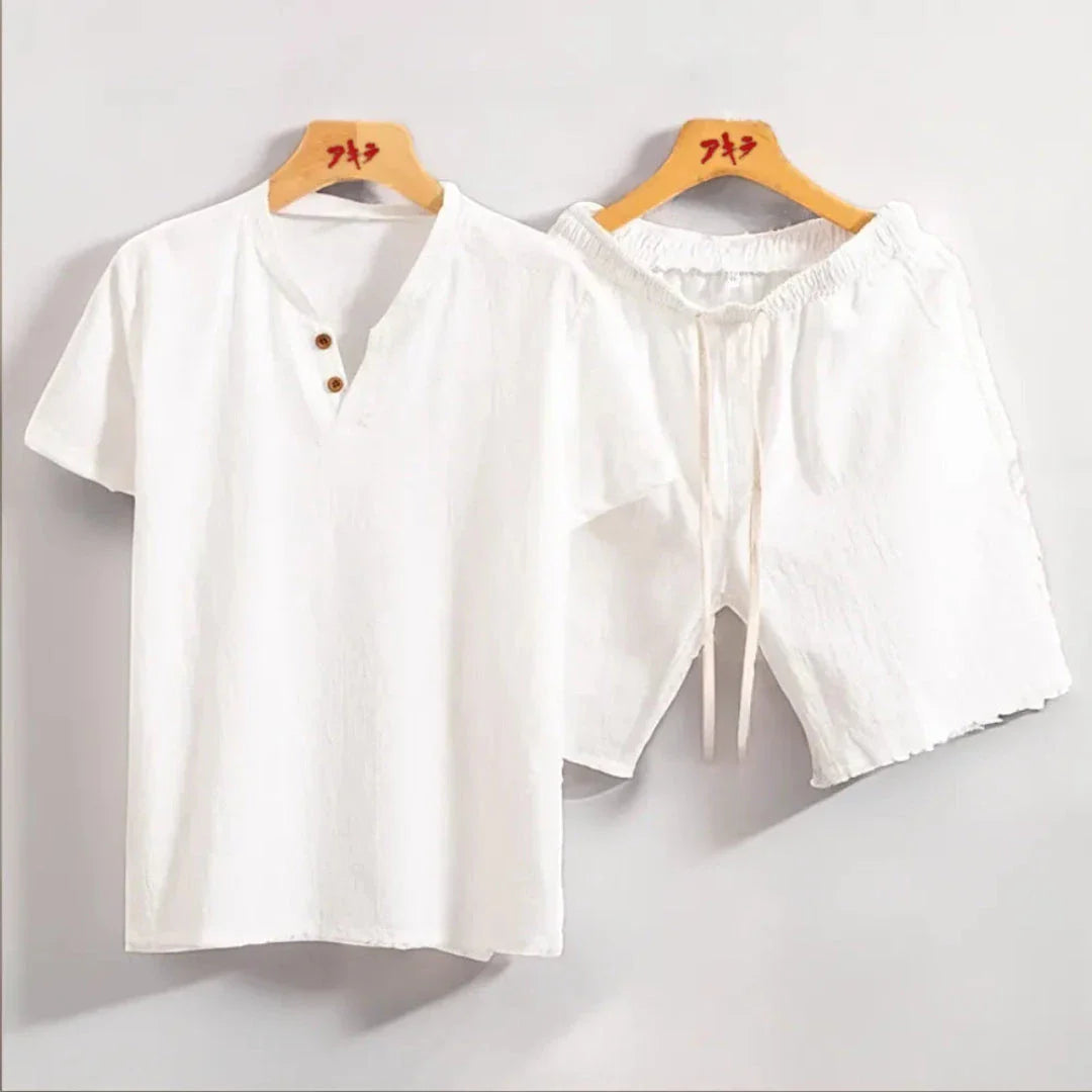 Women's linen-look two-piece set with button-front tee and elastic waist shorts, lightweight casual outfit
