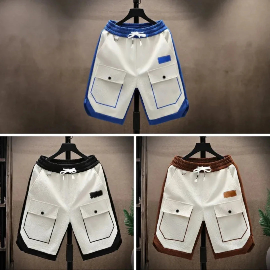 Men's cargo shorts contrast trim elastic drawstring waist dual front pockets streetwear style