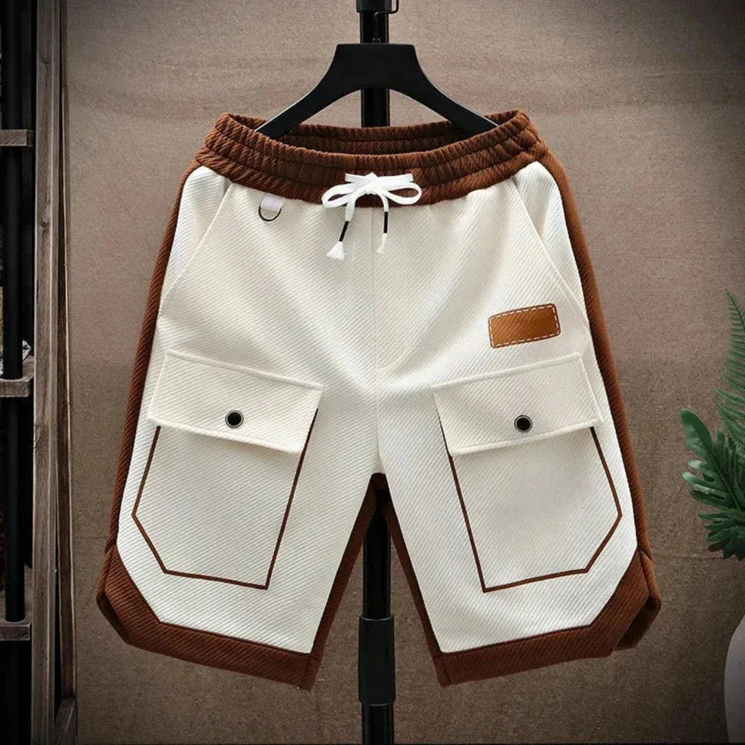 Men's cargo shorts contrast trim elastic drawstring waist dual front pockets streetwear style