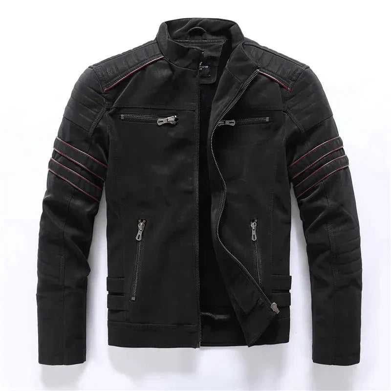 Men's black moto biker jacket weather-resistant fabric with zipper pockets rugged slim fit