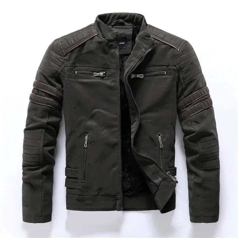 Men's black moto biker jacket weather-resistant fabric with zipper pockets slim rugged silhouette