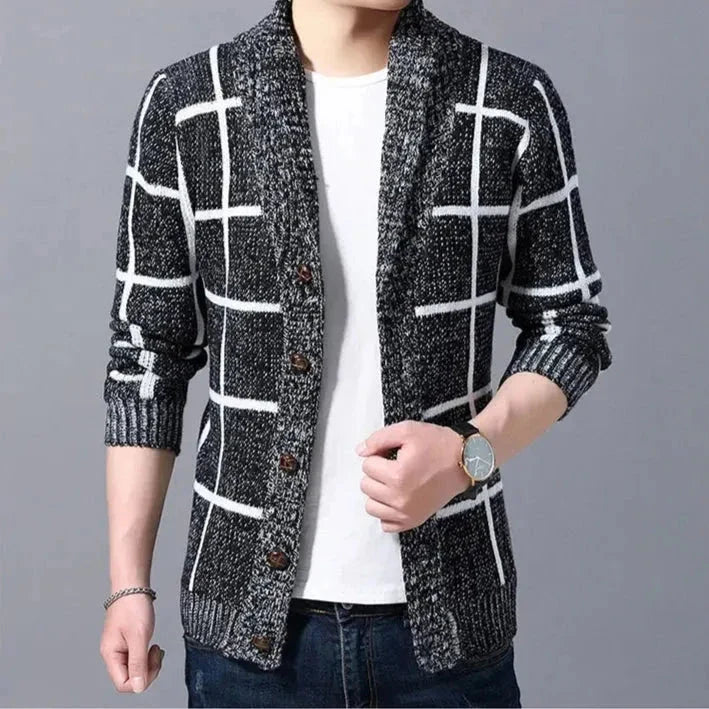 Men's plaid shawl collar cardigan in textured knit fabric with bold pattern and button closure