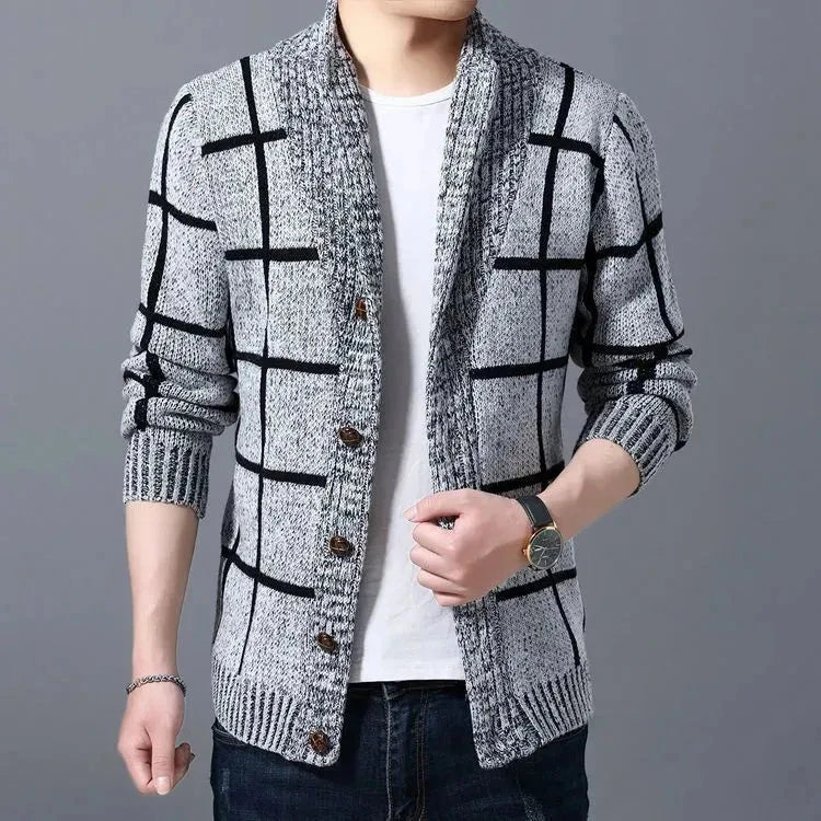 Men's plaid shawl collar cardigan in neutral tones, textured knit fabric with button closure