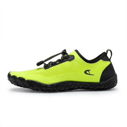 Men's neon yellow TideRunner outdoor shoes with flexible sole and elastic ankle collar