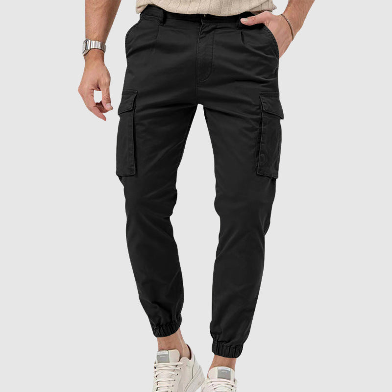 Men's olive straight-leg active cargo pants mid-rise fit with multiple pockets, breathable polyester blend
