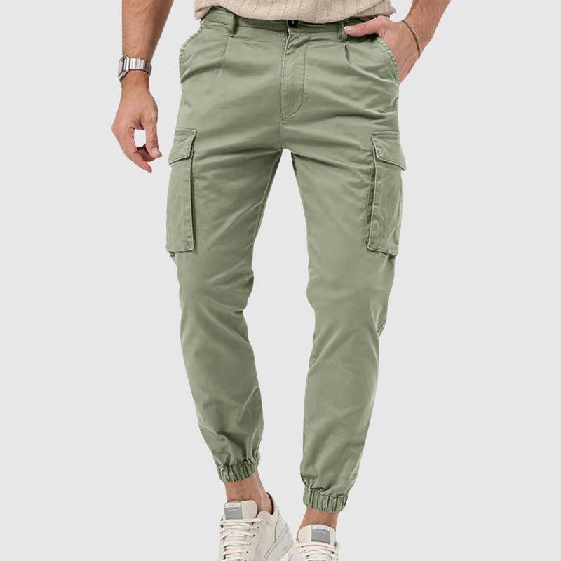 Men's olive green straight-leg active cargo pants with mid-rise fit and multiple functional pockets