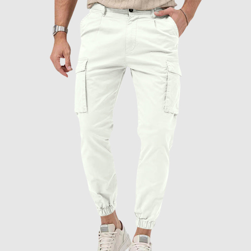 Men's beige straight-leg cargo pants mid-rise fit with multiple pockets, breathable polyester blend