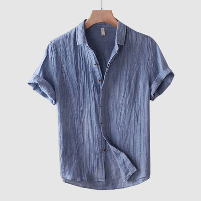Men's white linen short-sleeve shirt turn-down collar button closure lightweight beach style