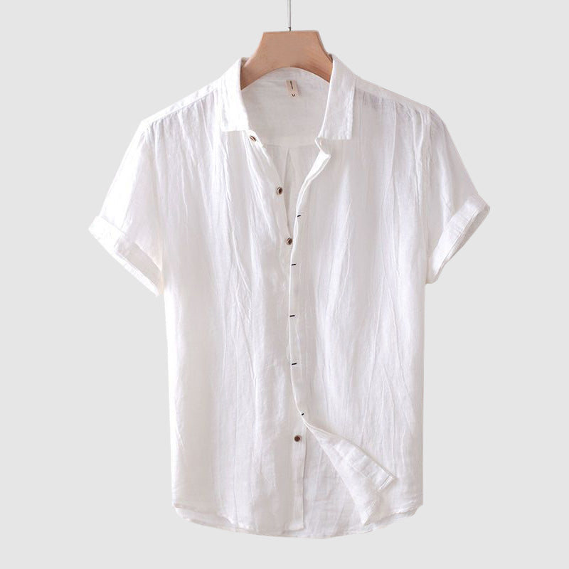 Men's beige linen short-sleeve shirt with turn-down collar and button closure, relaxed beach style