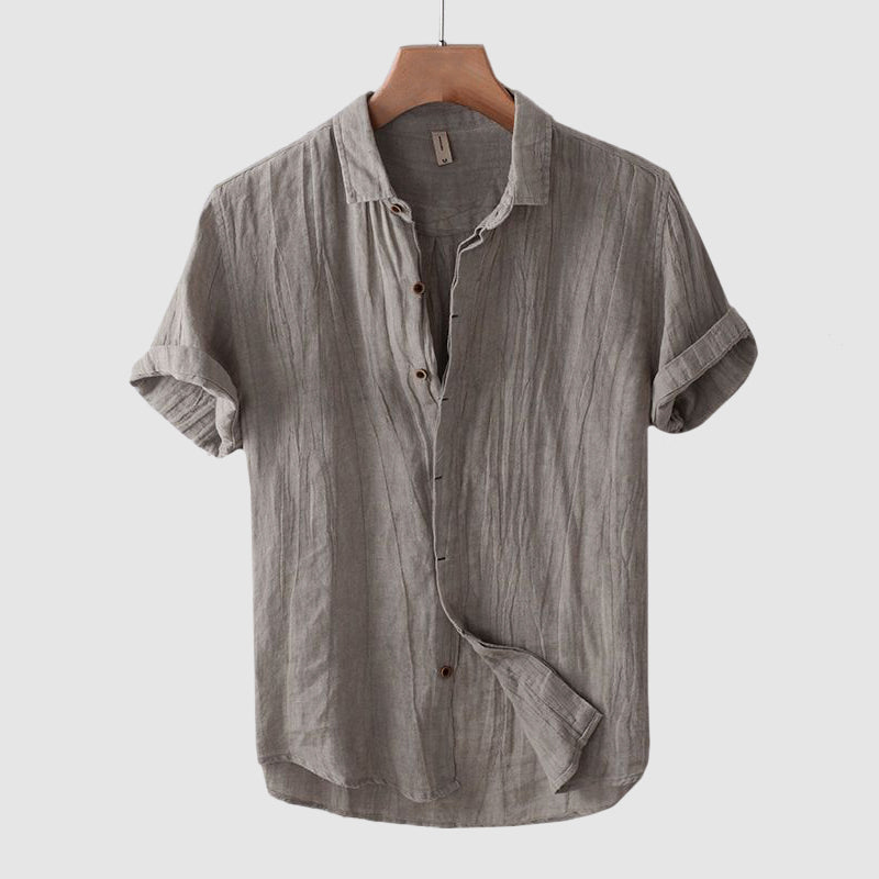 Men's linen shirt beige short sleeve turn-down collar button-up beach casual style