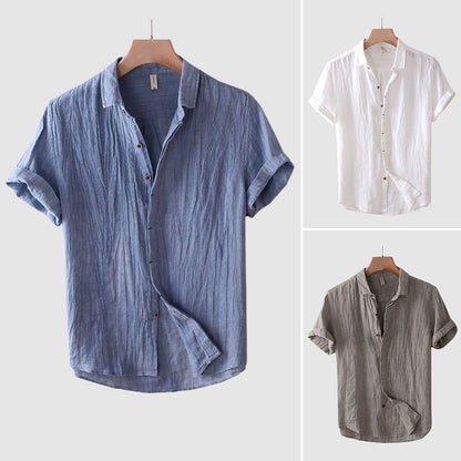 Men's beige linen short-sleeve shirt turn-down collar button closure lightweight beach style