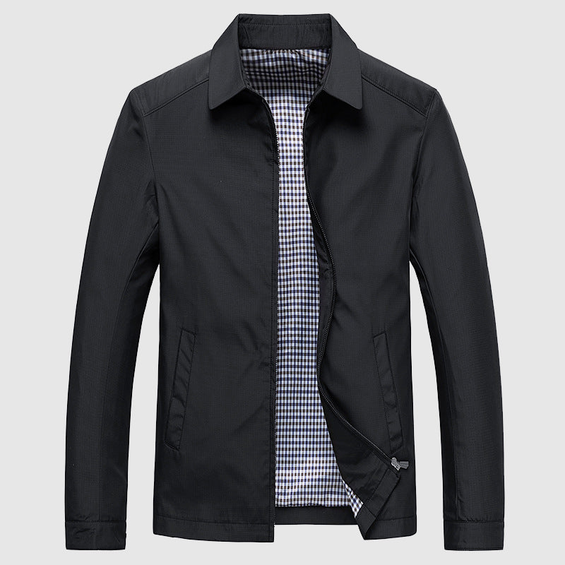 Charcoal structured fall jacket with turn-down collar and discreet zip closure for polished business style