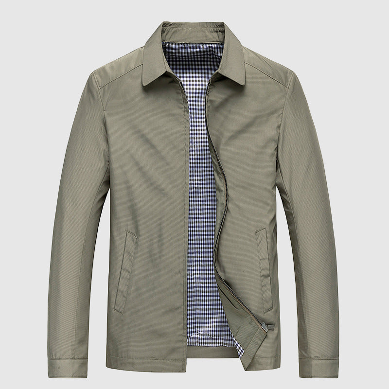 Charcoal structured fall jacket with turn-down collar and discreet zip closure for sharp business style